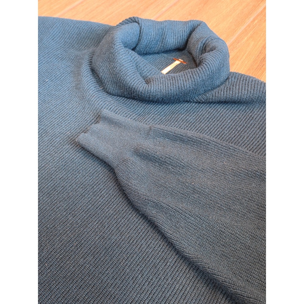 Free People Ottoman Slouchy Tunic Sweater Teal Blue Ribbed Knit Turtleneck L